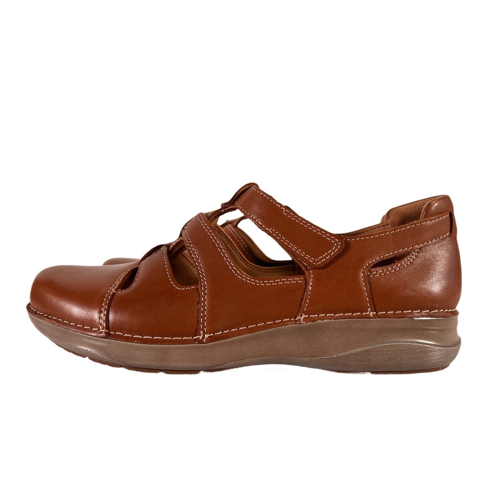 Clarks Unstructured Appley Strap Shoes Women 9 Tan Leather Closed Sandal Loafer